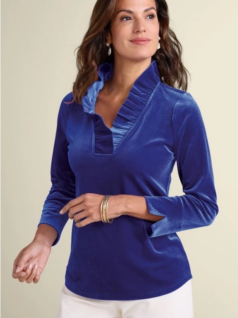 Marlee ruffle blue Velvet Ruffle Top